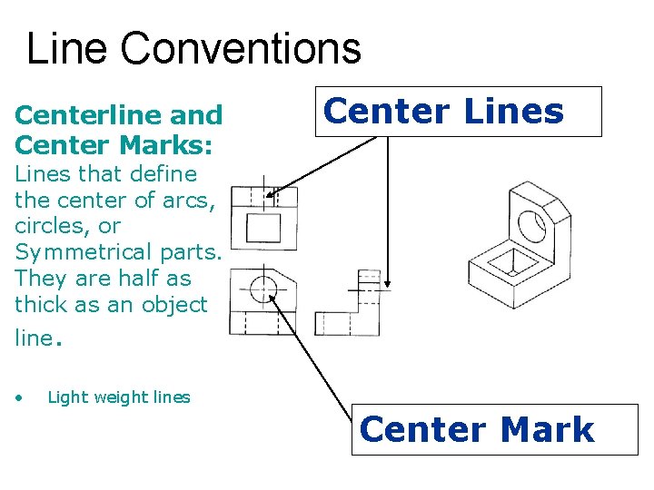 Line Conventions Centerline and Center Marks: Center Lines that define the center of arcs,