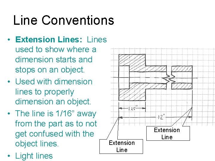 Line Conventions • Extension Lines: Lines used to show where a dimension starts and