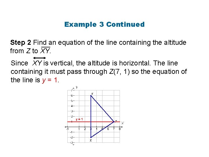 Example 3 Continued Step 2 Find an equation of the line containing the altitude Example 3 Continued Step 2 Find an equation of the line containing the altitude