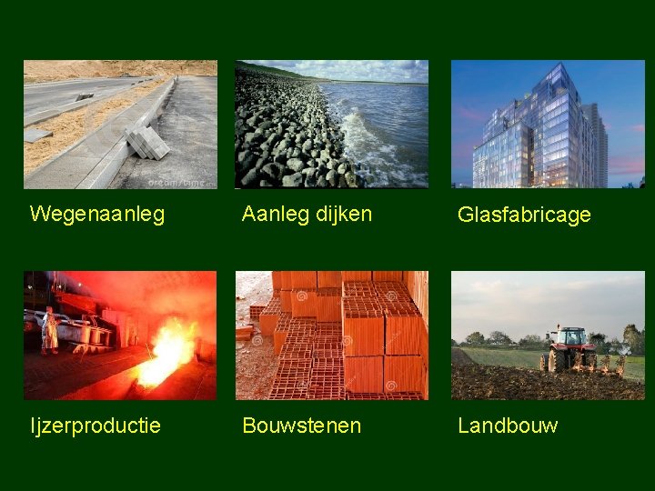 Wegenaanleg Aanleg dijken Glasfabricage Ijzerproductie Bouwstenen Landbouw 