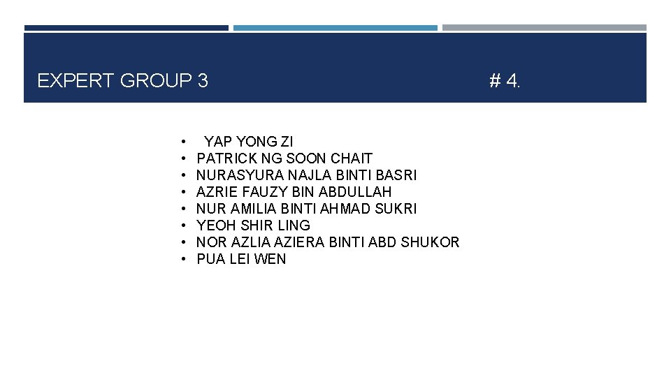 EXPERT GROUP 3 • • YAP YONG ZI PATRICK NG SOON CHAIT NURASYURA NAJLA