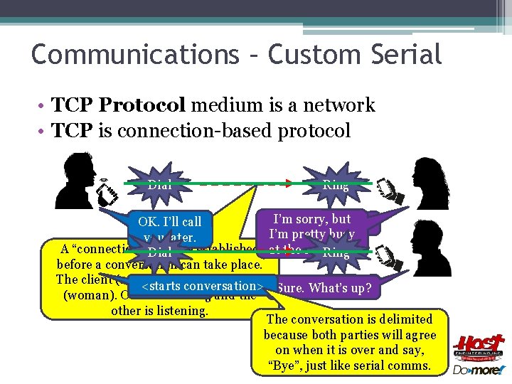 Communications – Custom Serial • TCP Protocol medium is a network • TCP is