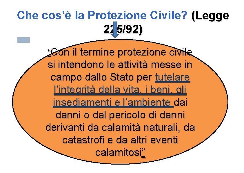 Che cos’è la Protezione Civile? (Legge 225/92) “Con il termine protezione civile si intendono