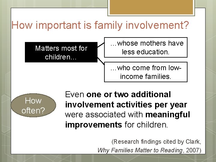 How important is family involvement? Matters most for children… …whose mothers have less education.