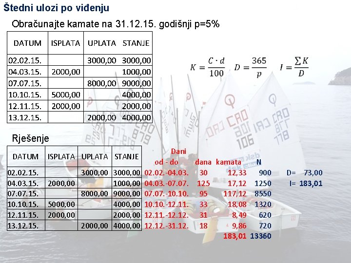 Štedni ulozi po viđenju Obračunajte kamate na 31. 12. 15. godišnji p=5% Rješenje DATUM