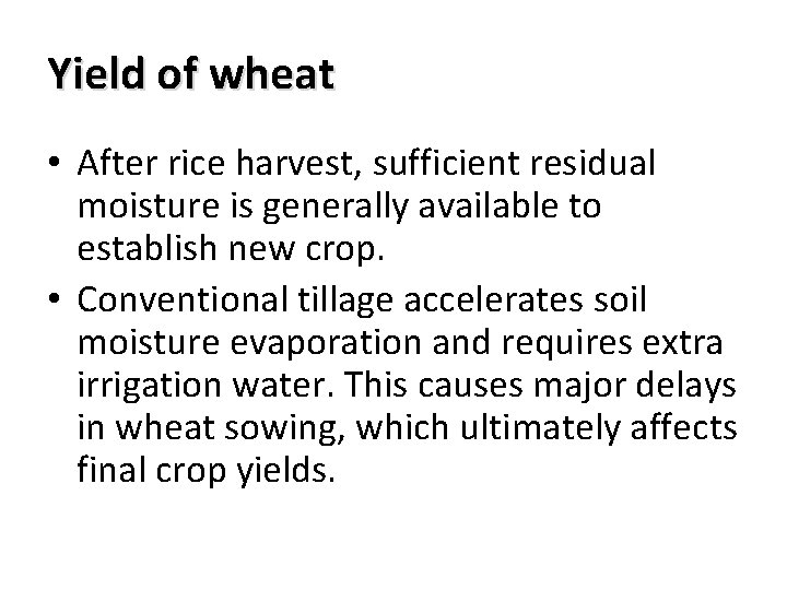 Yield of wheat • After rice harvest, sufficient residual moisture is generally available to