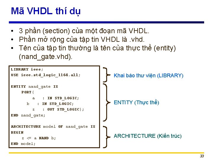 Mã VHDL thí dụ • 3 phần (section) của một đoạn mã VHDL. •