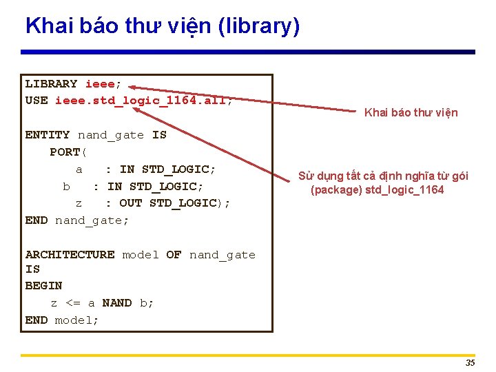 Khai báo thư viện (library) LIBRARY ieee; USE ieee. std_logic_1164. all; ENTITY nand_gate IS