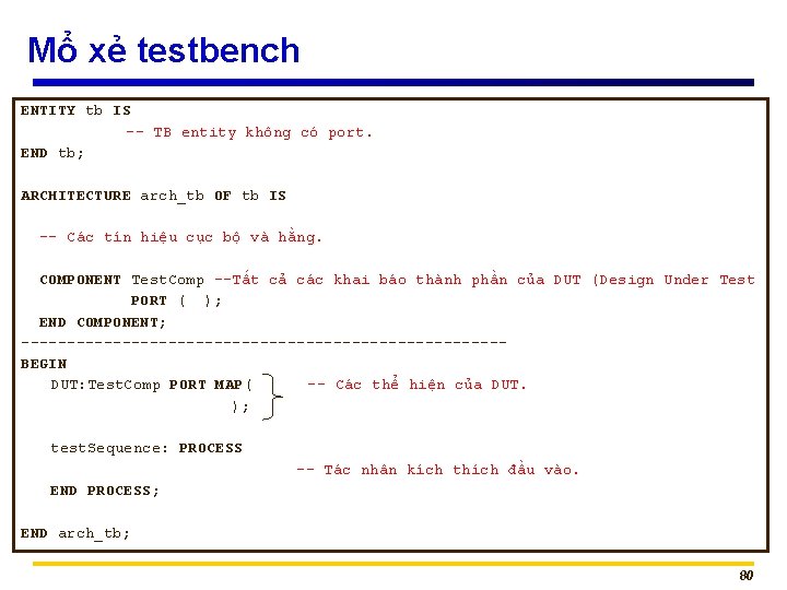 Mổ xẻ testbench ENTITY tb IS -- TB entity không có port. END tb;