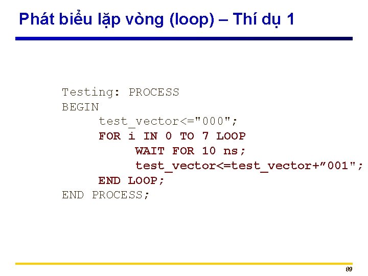 Phát biểu lặp vòng (loop) – Thí dụ 1 Testing: PROCESS BEGIN test_vector<="000"; FOR