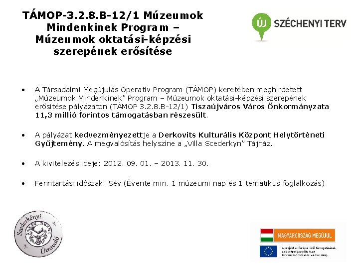 TÁMOP-3. 2. 8. B-12/1 Múzeumok Mindenkinek Program – Múzeumok oktatási-képzési szerepének erősítése • A