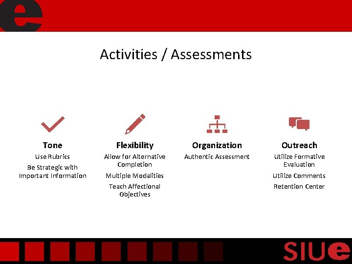 Activities / Assessments Tone Flexibility Organization Outreach Use Rubrics Be Strategic with Important Information