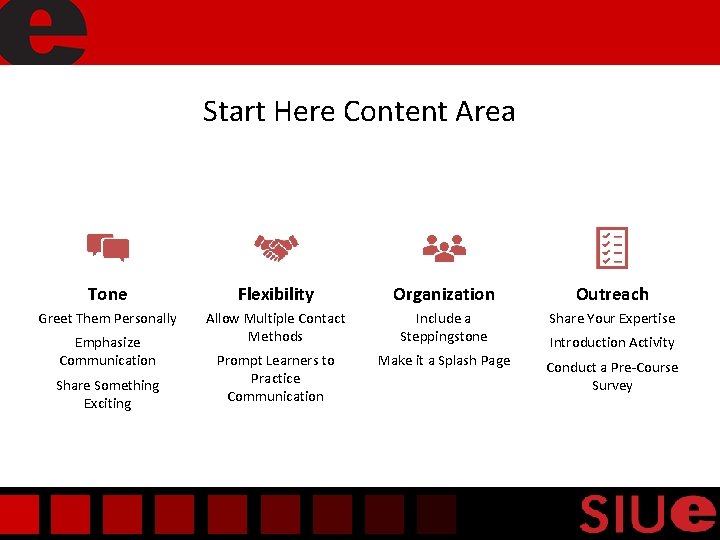 Start Here Content Area Tone Flexibility Organization Outreach Greet Them Personally Allow Multiple Contact