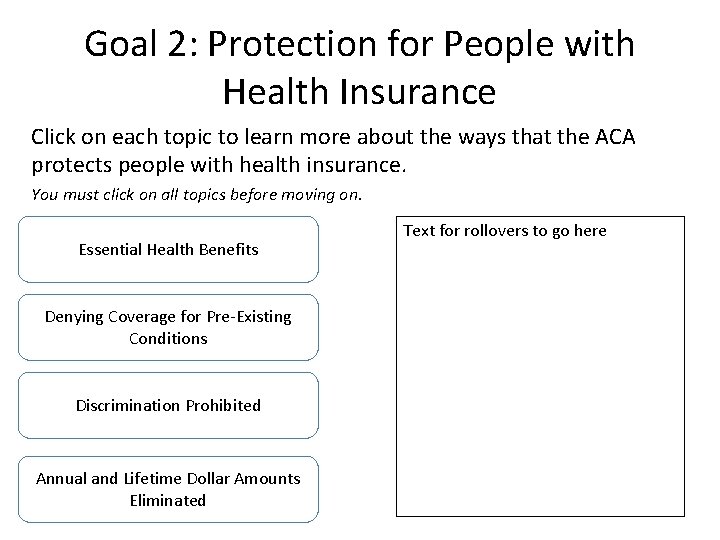 Goal 2: Protection for People with Health Insurance Click on each topic to learn