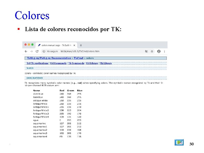 Colores Lista de colores reconocidos por TK: . 30 
