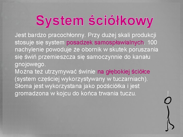 System ściółkowy Jest bardzo pracochłonny. Przy dużej skali produkcji stosuje się system posadzek samospławialnych