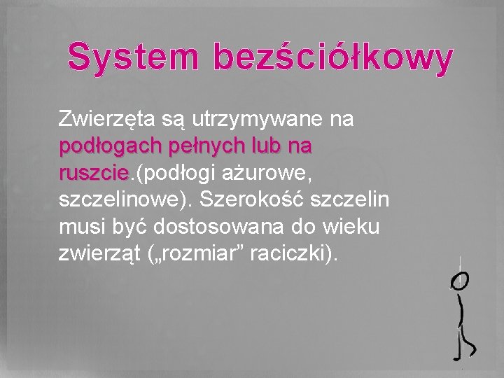 System bezściółkowy Zwierzęta są utrzymywane na podłogach pełnych lub na ruszcie. (podłogi ażurowe, ruszcie