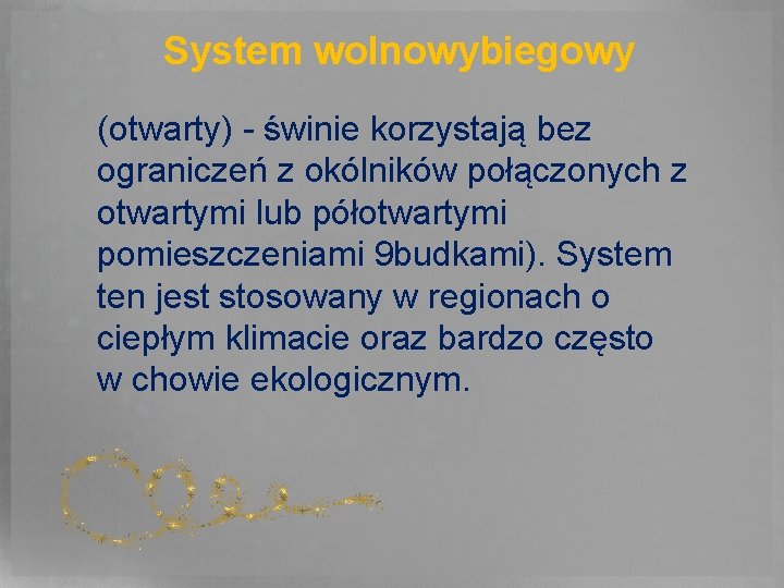 System wolnowybiegowy (otwarty) - świnie korzystają bez ograniczeń z okólników połączonych z otwartymi lub