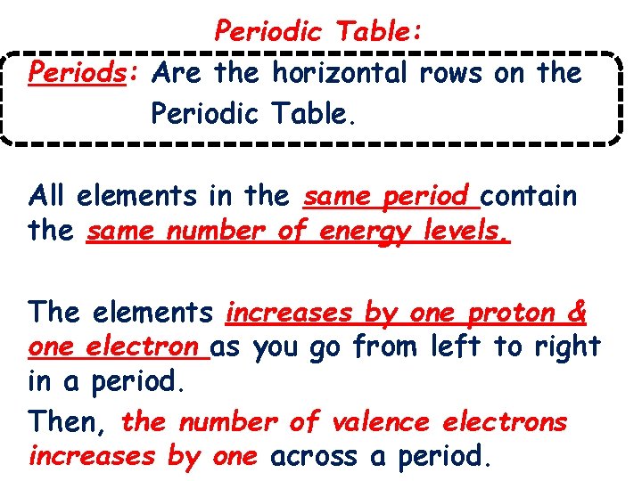 Periodic Table: Periods: Are the horizontal rows on the Periodic Table. All elements in