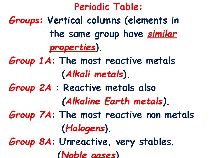 Periodic Table: Groups: Vertical columns (elements in the same group have similar properties). Group