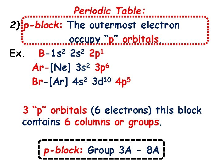 Periodic Table: 2) p-block: The outermost electron occupy “p” orbitals. Ex. B-1 s 2