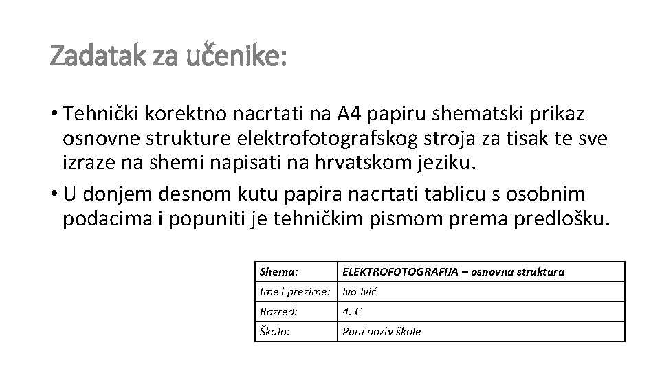 Zadatak za učenike: • Tehnički korektno nacrtati na A 4 papiru shematski prikaz osnovne