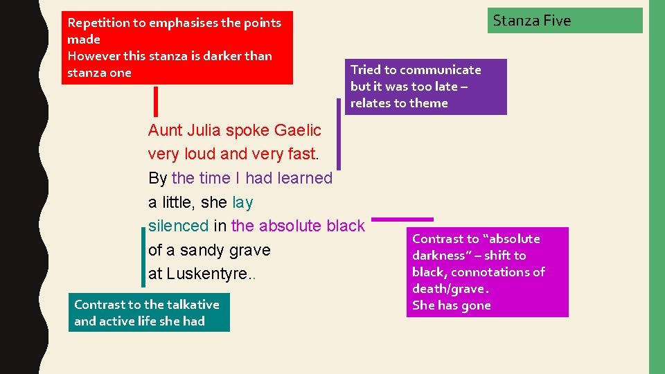 Repetition to emphasises the points made However this stanza is darker than stanza one Repetition to emphasises the points made However this stanza is darker than stanza one