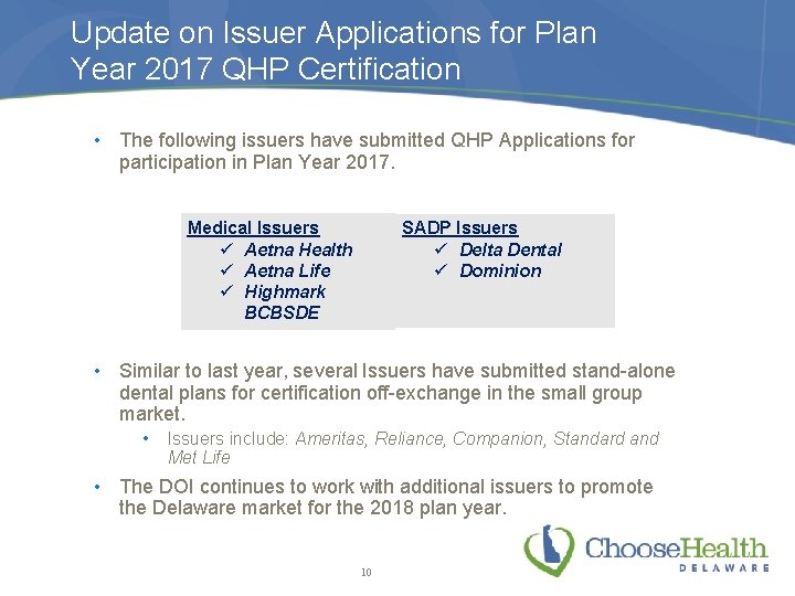 Update on Issuer Applications for Plan Year 2017 QHP Certification • The following issuers