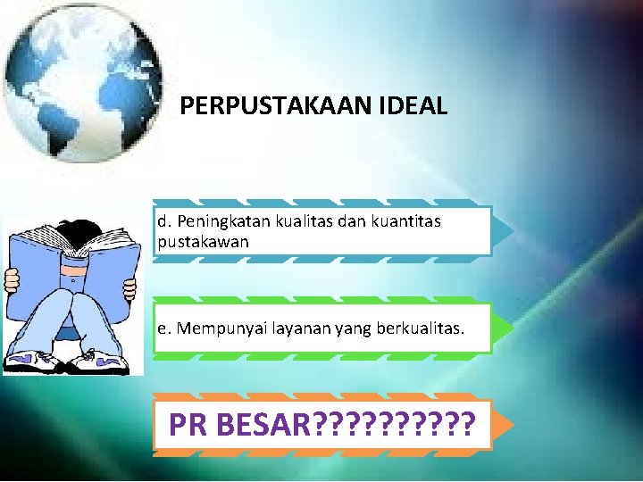 PERPUSTAKAAN IDEAL d. Peningkatan kualitas dan kuantitas pustakawan e. Mempunyai layanan yang berkualitas. PR