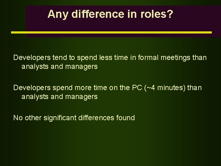 Any difference in roles? Developers tend to spend less time in formal meetings than