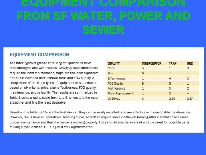 EQUIPMENT COMPARISON FROM SF WATER, POWER AND SEWER 
