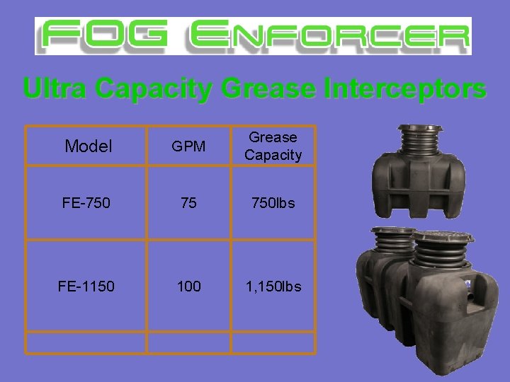 Ultra Capacity Grease Interceptors Model GPM Grease Capacity FE-750 75 750 lbs FE-1150 100