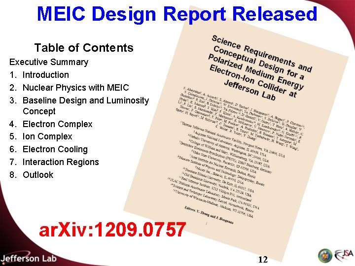 MEIC Design Report Released Table of Contents Executive Summary 1. Introduction 2. Nuclear Physics