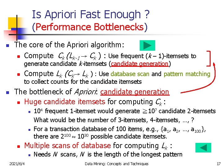 Is Apriori Fast Enough ? (Performance Bottlenecks) n The core of the Apriori algorithm: