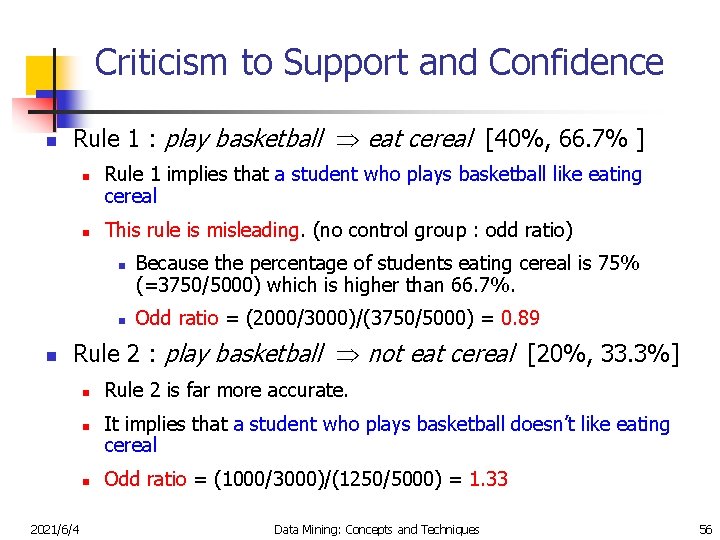 Criticism to Support and Confidence n Rule 1 : play basketball eat cereal [40%,