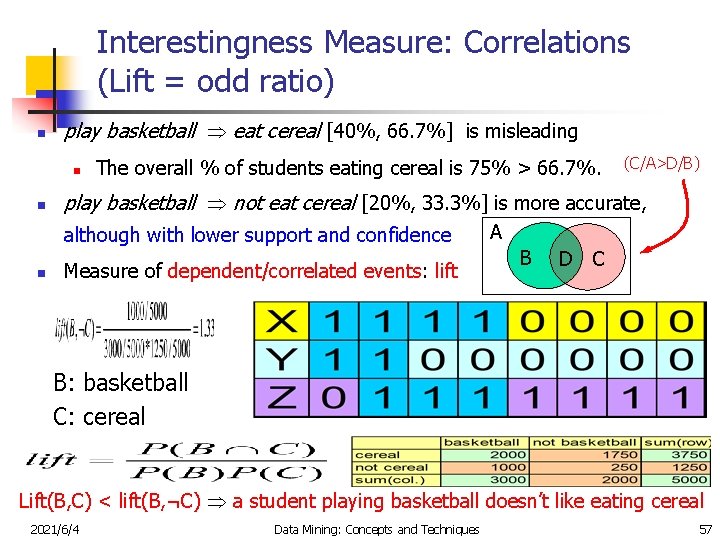 Interestingness Measure: Correlations (Lift = odd ratio) n play basketball eat cereal [40%, 66.