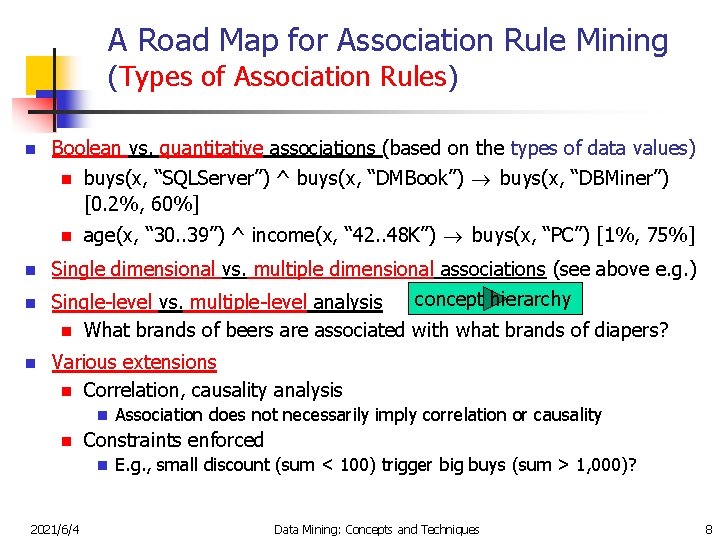 A Road Map for Association Rule Mining (Types of Association Rules) n n Boolean