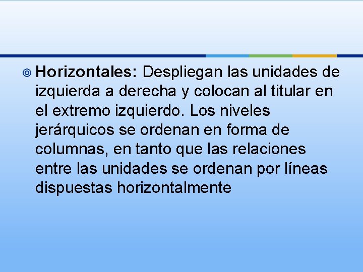 ¥ Horizontales: Despliegan las unidades de izquierda a derecha y colocan al titular en