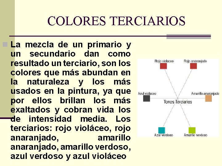 COLORES TERCIARIOS n La mezcla de un primario y un secundario dan como resultado