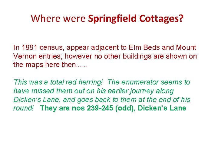 Where were Springfield Cottages? In 1881 census, appear adjacent to Elm Beds and Mount