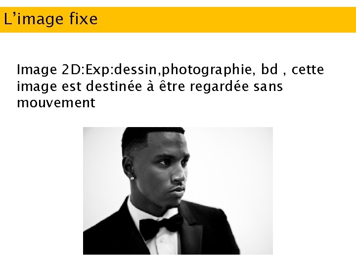 L’image fixe Image 2 D: Exp: dessin, photographie, bd , cette image est destinée