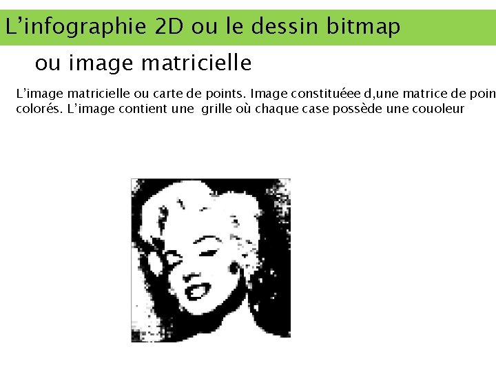 L’infographie 2 D ou le dessin bitmap ou image matricielle L’image matricielle ou carte