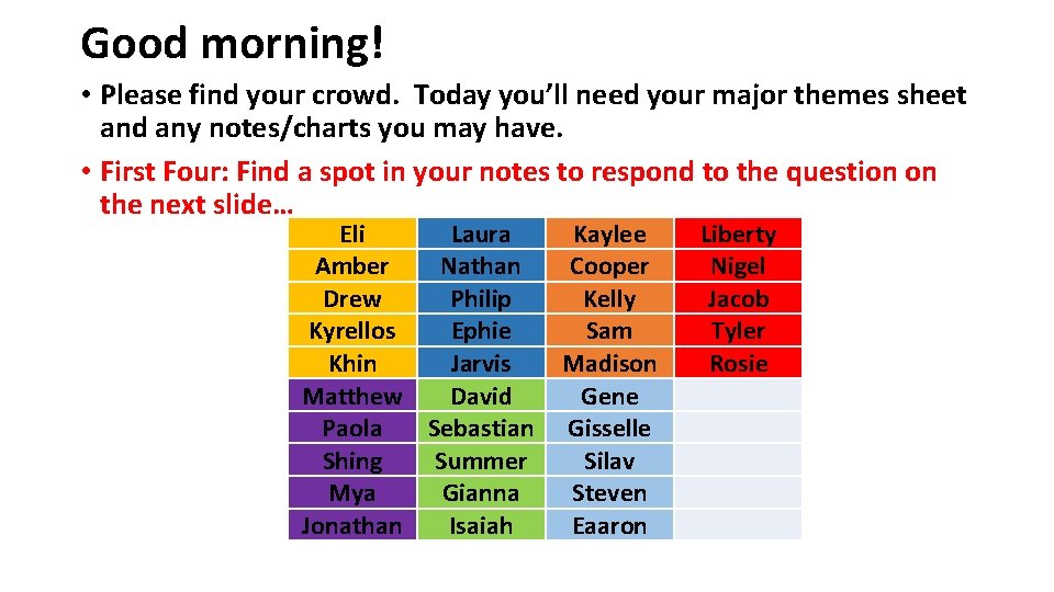 Good morning! • Please find your crowd. Today you’ll need your major themes sheet