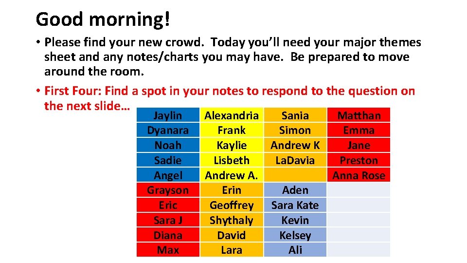 Good morning! • Please find your new crowd. Today you’ll need your major themes