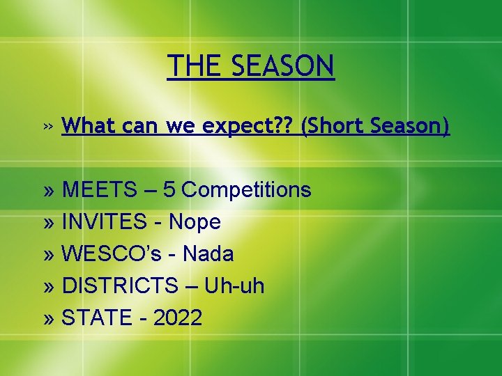 THE SEASON » What can we expect? ? (Short Season) » MEETS – 5 THE SEASON » What can we expect? ? (Short Season) » MEETS – 5