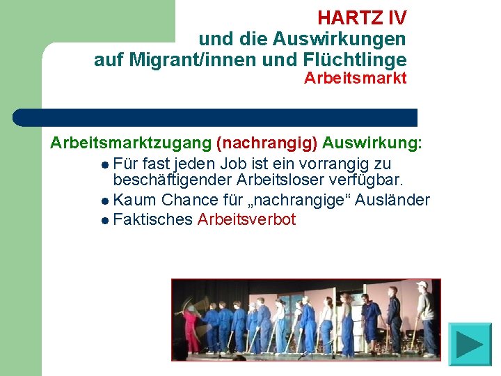 HARTZ IV und die Auswirkungen auf Migrant/innen und Flüchtlinge Arbeitsmarktzugang (nachrangig) Auswirkung: l Für