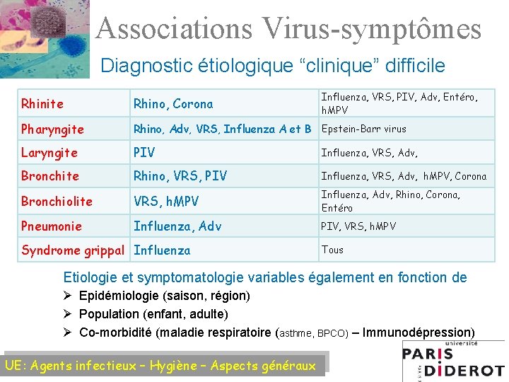 Associations Virus-symptômes Diagnostic étiologique “clinique” difficile Influenza, VRS, PIV, Adv, Entéro, h. MPV Rhinite