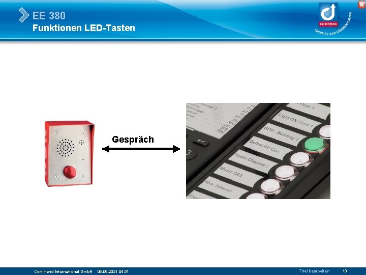 EE 380 Funktionen LED-Tasten Call request Gespräch Commend International Gmb. H 05. 06. 2021