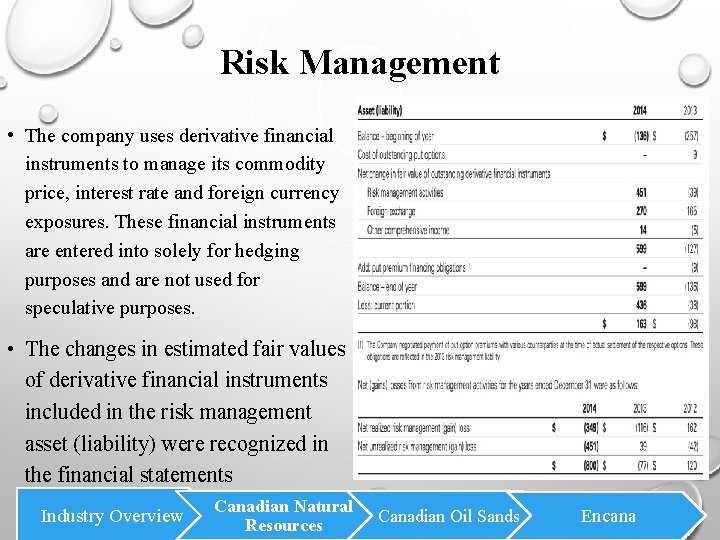 Risk Management • The company uses derivative financial instruments to manage its commodity price,