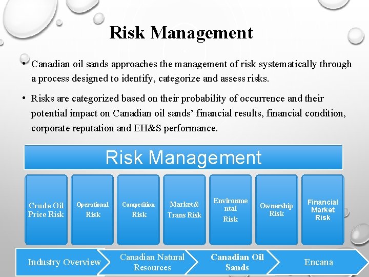 Risk Management • Canadian oil sands approaches the management of risk systematically through a
